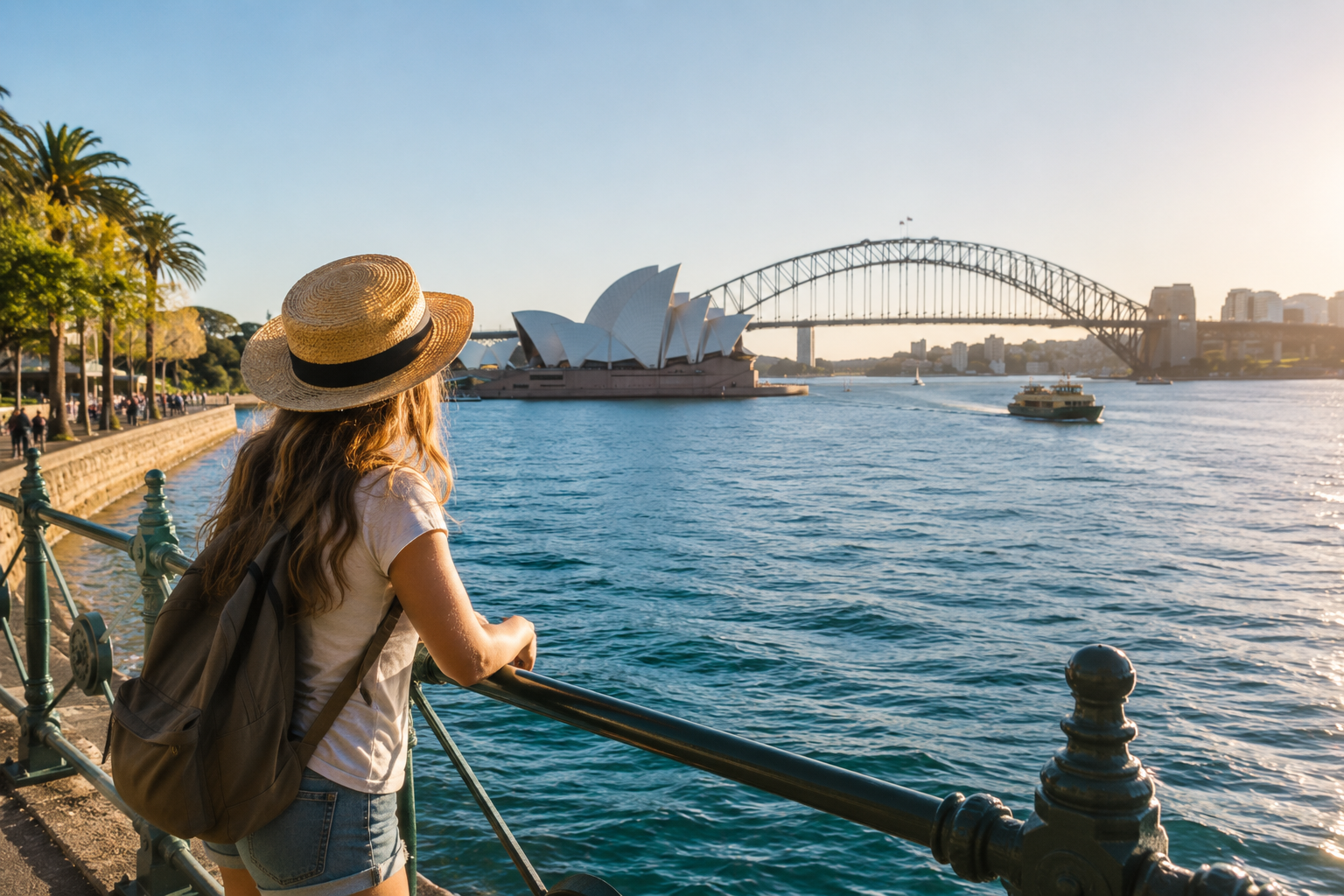 Ragazza con cappello e zaino guarda l'Opera House e l'Harbour Bridge di Sydney — Visitor Visa Australia