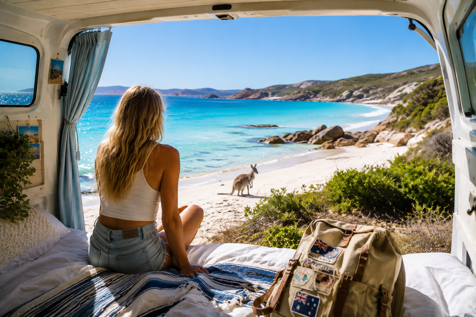 Ragazza in van davanti a una spiaggia australiana con canguro durante un Working Holiday
