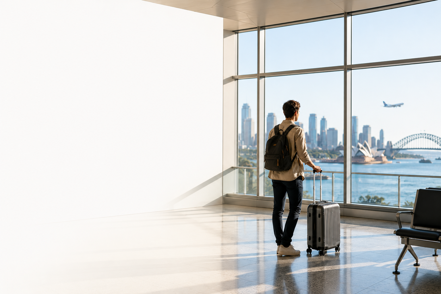 Viaggiatore italiano con valigia osserva lo skyline di Sydney e l'Opera House dall'aeroporto prima di partire per l'Australia