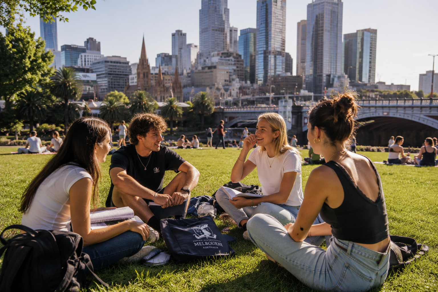 Studenti internazionali seduti al parco con lo skyline di Melbourne — Student Visa Australia